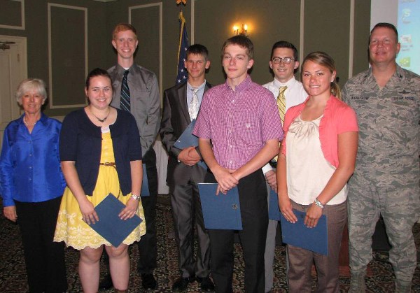 In June, chapter members and scholarship recipients are (l-r) Nancy Crews, chapter vice president for academics; Kathryn Loch, a freshman at Iowa Western Community College majoring in graphic communications ($2,000); Steven Hansen, a freshman at Northwest Missouri State majoring in mechanical engineering ($1,500); Daniel Moses, a freshman at Letourneau University majoring in electrical engineering ($3,000); David Kreis, a freshman at Iowa State University majoring in engineering ($2,000); Joshua Grant, a sophomore at  Grace University/Bellevue University majoring in software programming ($750); Linsey Rohe, a junior at the University of Lincoln majoring in architectural engineering ($3,000); and Col. Eric Bjurstrom, USAF, chapter president.